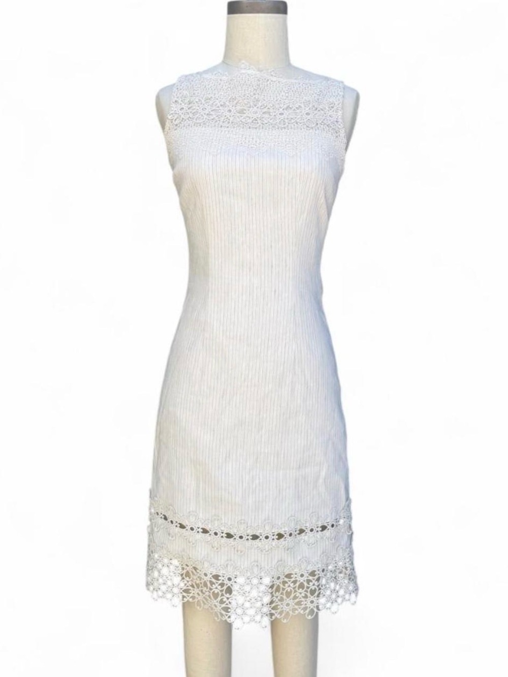 Elie Tahari White Linen Lace-Trim Sleeveless Shift Dress silk yoke